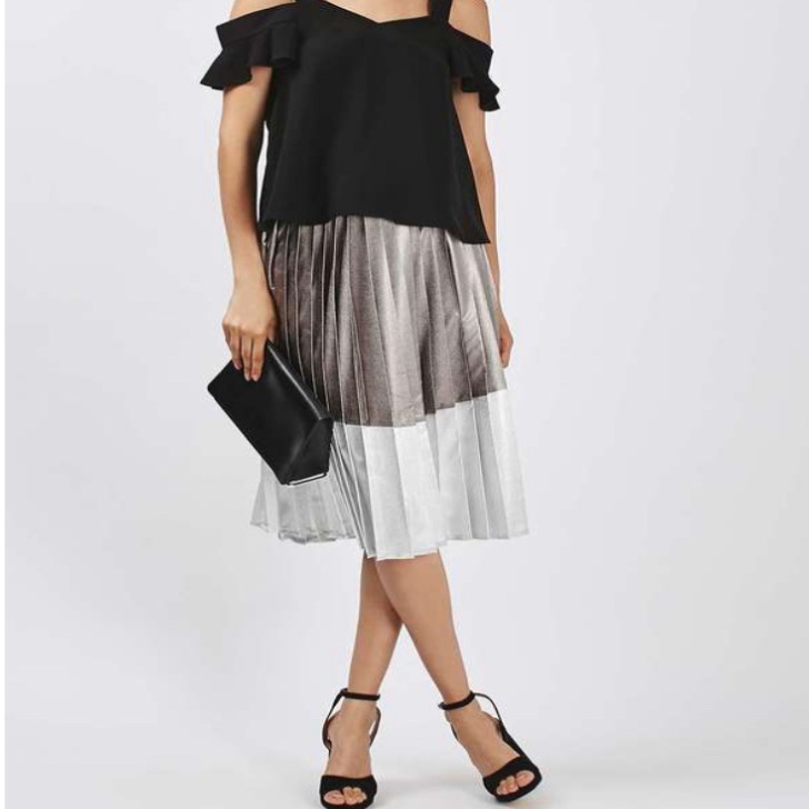 Nwt Topshop Asymmetric Silver Pleated Midi Skirt With Foil Effect